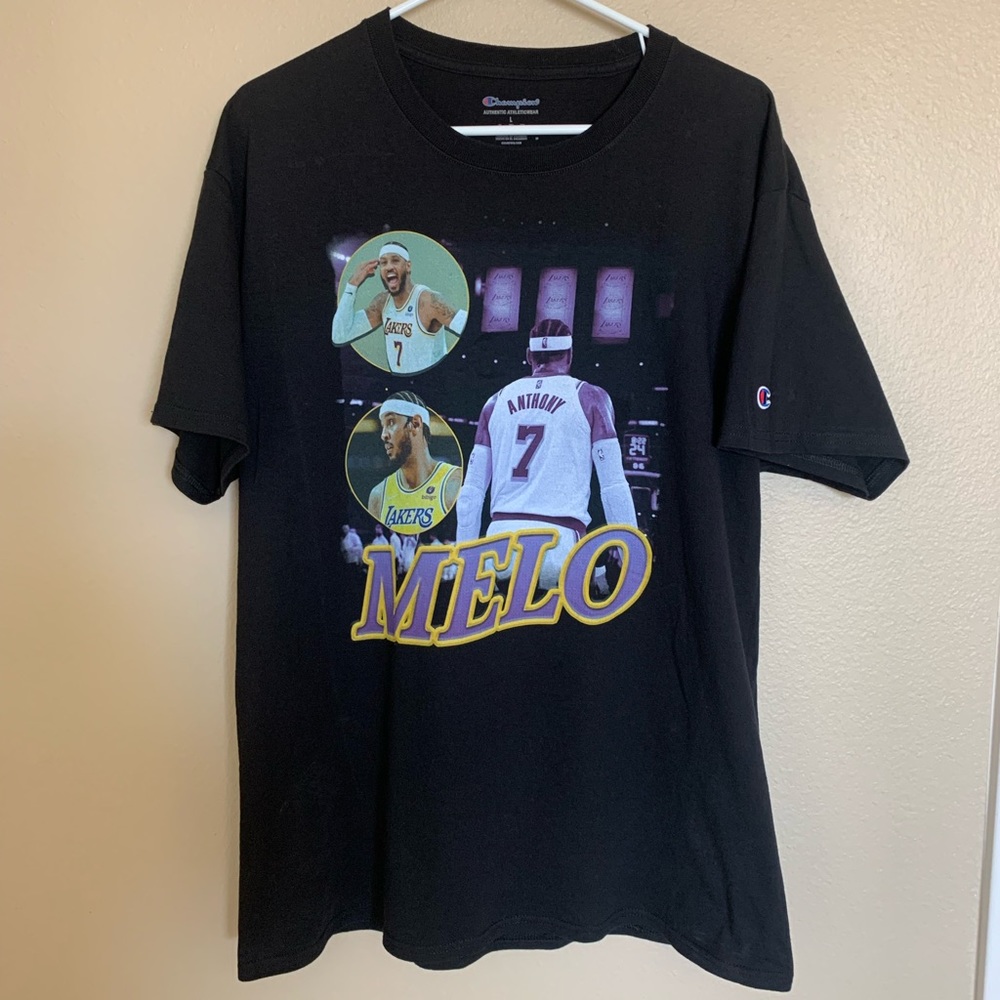 Men Champion Carmelo Anthony 7 Lakers Black Shirt Cotton Large. Good Condition.
